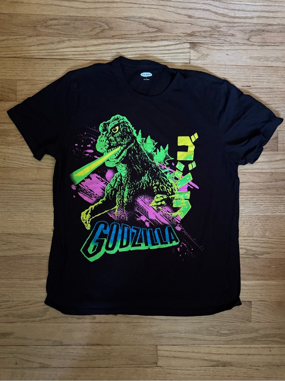 Godzilla Black Graphic Tee with Neon Green & Purple Print